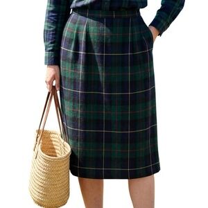 Vintage Katie Brooke Plaid Wool Blend Pencil Skirt Green Navy Tartan Size 14